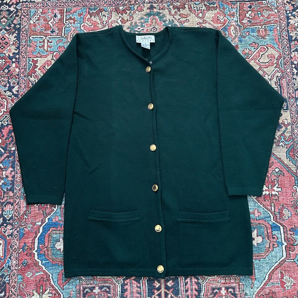 Vintage Talbots Forest Green 100% Merino Wool Sweater with Gold Accents S Petite